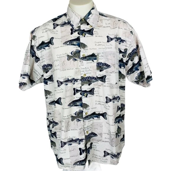Columbia Other - 🍀Columbia Mens Button Front Shirt Sz L Lrg Cream Black Fish Print Short Sleeve